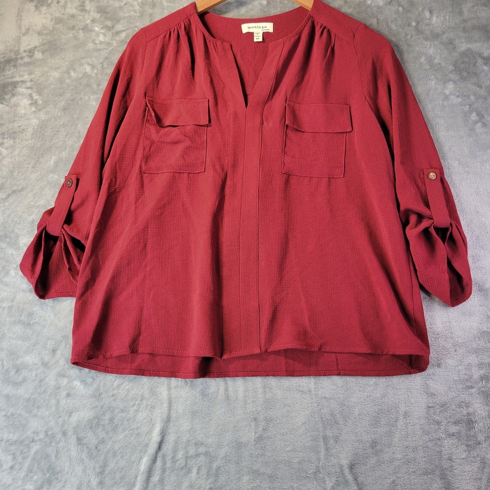 Monteau Womens M Burgundy Textured Roll Tab Sleeve Blouse Minimal‎ Classic